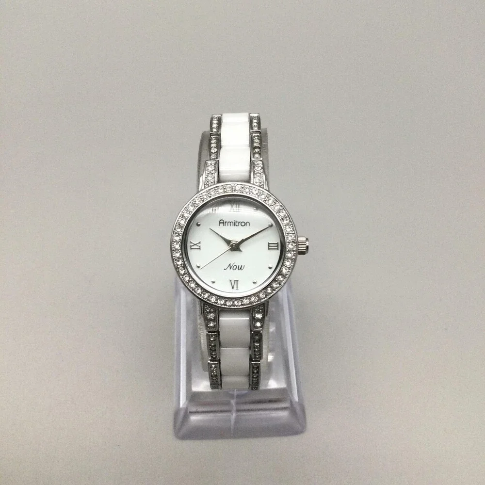 Armitron Now Womens Watch 24mm Crystal Bezel White Ceramic Band New Battery 6.5